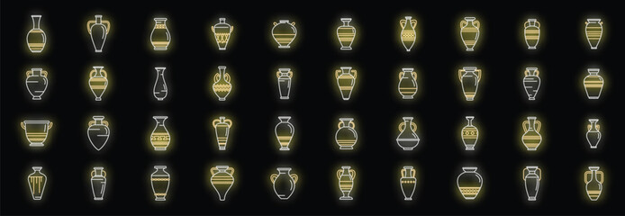 Amphora icons set outline vector. Vase pottery. Greek jar neon color on black
