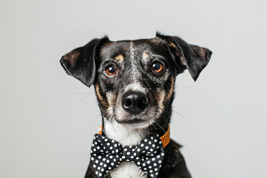 studio portrait of small cute black white and brown mixed breed rescue dog sitting and looking forward wearing a bowtie against a white background
