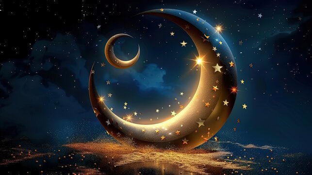 Eid Celebration with Golden Crescent on Deep Blue Background
