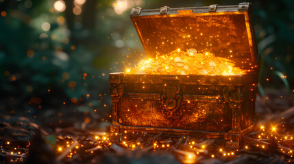 Enchanted treasure chest overflowing with sparkling gold coins amidst mystical lights.