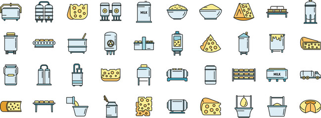 Cheese production icons set outline vector. Milk food. Making butter thin line color flat on white
