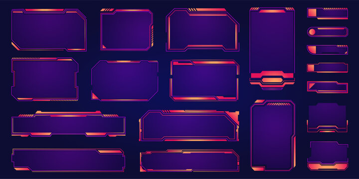 Game streaming interface. Overlay for live streamer broadcast, cyber gaming panel with lower third, game score and webcam view. Vector template. User menu with different neon windows