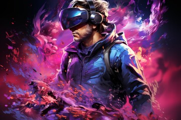 Portrait of a futuristic man wearing virtual reality goggles - 787017492