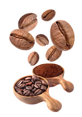 Coffee beans and ground coffee isolated on white background.