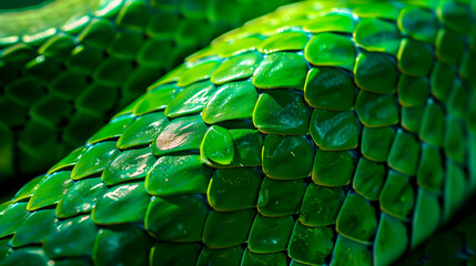 Close-up of vibrant green snake scales, detailed reptile skin texture, shallow depth of field. - obrazy, fototapety, plakaty