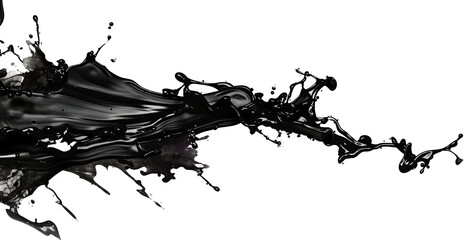Black paint splash and spray droplets, isolated on transparent, PNG with clipping path, crude oil concept.