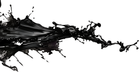 Black paint splash and spray droplets, isolated on transparent, PNG with clipping path, crude oil concept.