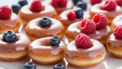 Small glazed mini donuts with fresh raspberries and blueberries