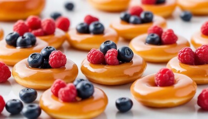 Small glazed mini donuts with fresh raspberries and blueberries
