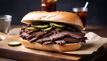 Smoked barbeque beef brisket sandwich with pickles - obrazy, fototapety, plakaty