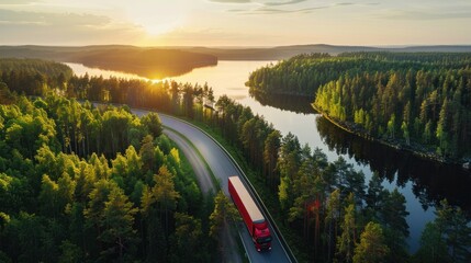 Aerial view of semi truck with cargo trailer on road curve at lake shore with green pine forest. Transportation background. Beautiful nature landscape at sunset in Republic of Karelia, Russia - obrazy, fototapety, plakaty