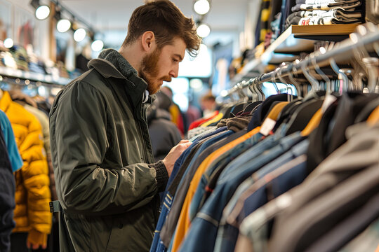 Customers and staff in a busy clothes shop
