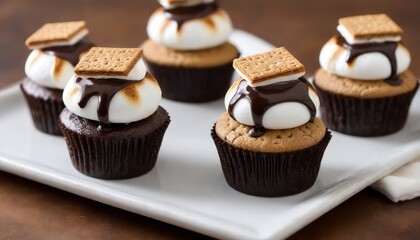 Smores cupcakes with graham crackers, toasted marshmallows and chocolate syrup