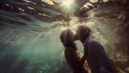 Couple shares a kiss underwater with sunrays creating a magical backdrop
