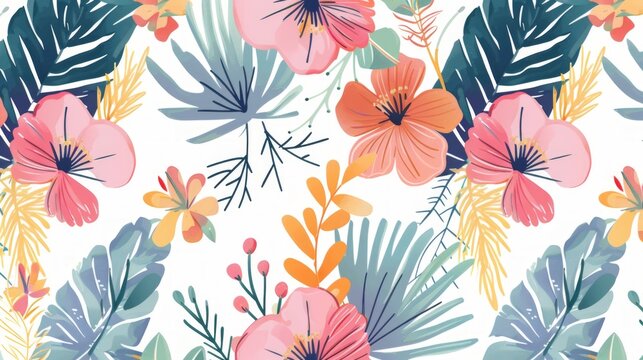 boho flowers and foliage colorful pattern spring summer element on white background