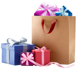 Shopping bag full of gifts isolated