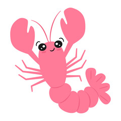 Cute hand drawn cartoon character pink lobster funny vector illustration isolated on white background