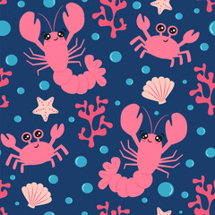 Cute hand drawn cartoon character pink lobster, crab, coral, seashell and starfish on blue background seamless vector pattern illustration