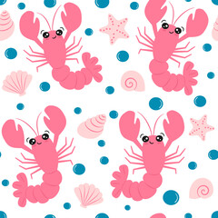 Cute hand drawn cartoon character pink lobster, seashell and starfish on white background seamless vector pattern illustration