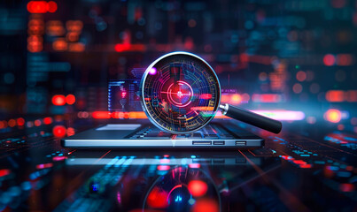 Laptop Antivirus Malware Detection Infographic Charts Analysis Corporate Security Software Database Search Magnifying Glass Wide Banner