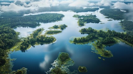 Aerial view of the system of lakes with islands - obrazy, fototapety, plakaty