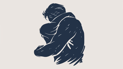 Sad person hugging a dark silhouette of human. Hand dr - obrazy, fototapety, plakaty