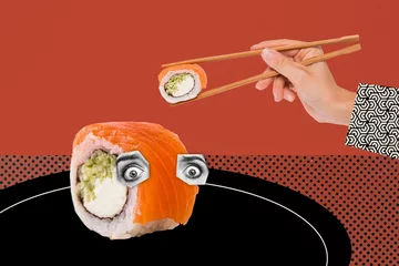 Wandcirkels plexiglas Composite photo collage of plate sushi roll eyes watch hand hold chopsticks eat restaurant asian cuisine food isolated on painted background © deagreez
