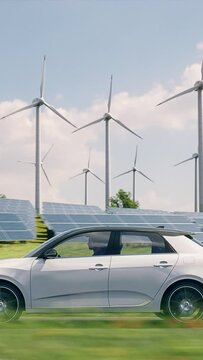 Generic autonomous electric car driving through a vibrant green landscape with solar panels and wind turbines in background. Green energy concept. Realistic high quality 3d animation. Vertical Video