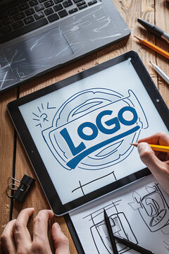logo design brand designer sketch graphic drawing creative creativity draw studying work tablet concept - stock image , with writing " LOGO "

