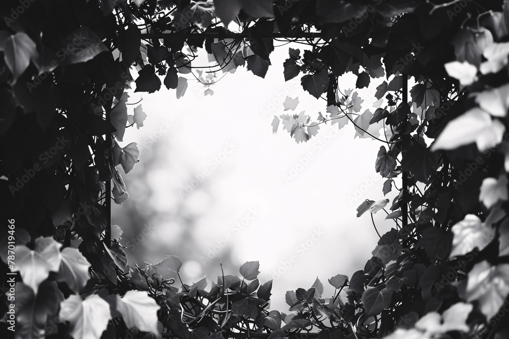 Poster leaves framing a soft bokeh background in black and white