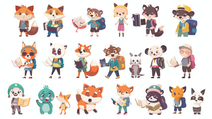 School animals cartoon characters stickers set. Funny