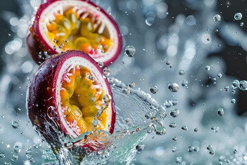 fresh passion fruit falling in water
 - obrazy, fototapety, plakaty