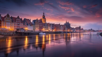 Fototapeta na wymiar Beautiful Gdansk over the Motlawa river at dusk. Poland