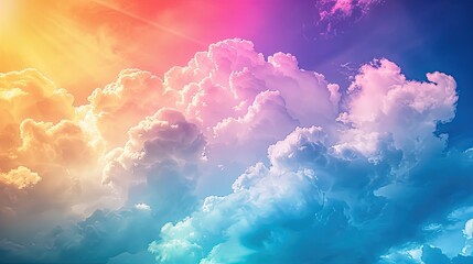 Vibrant rainbow gradient background with soft clouds and blue sky