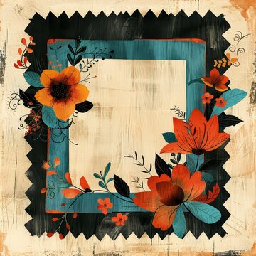 A shabby chic floral frame with a blue background and orange flowers.