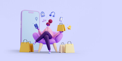 3D illustration. Woman sitting on a sofa holding a bag and a credit card. Online shopping concept. Isolated on purple background.