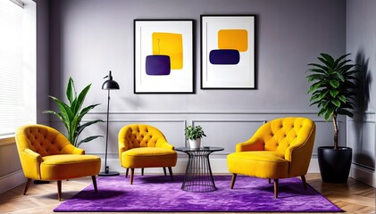 Classic Art Decor with Yellow Armchairs and Lamps