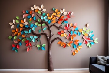 a tree with colourful leaves on the wall and a tv on the wall.