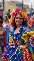 Fototapeta premium A young woman in a colorful carnival costume, dancing in a street parade. 