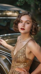 A young woman in a vintage 1920s flapper dress, posing near a classic car with a playful smirk. 