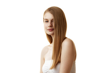 Obraz premium Portrait of confident, beautiful young woman looking at camera demonstrating her long, healthy hair against white studio background. Concept of natural beauty, organic cosmetic, procedures, hair-care.