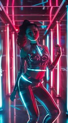 A young woman in a futuristic bodysuit, with LED lights, posing in a high-tech environment. 