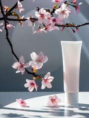 Cosmetic bottle with flower sakura and shadows. Organic beauty products concept. Mock up for advertising cosmetic and medical products