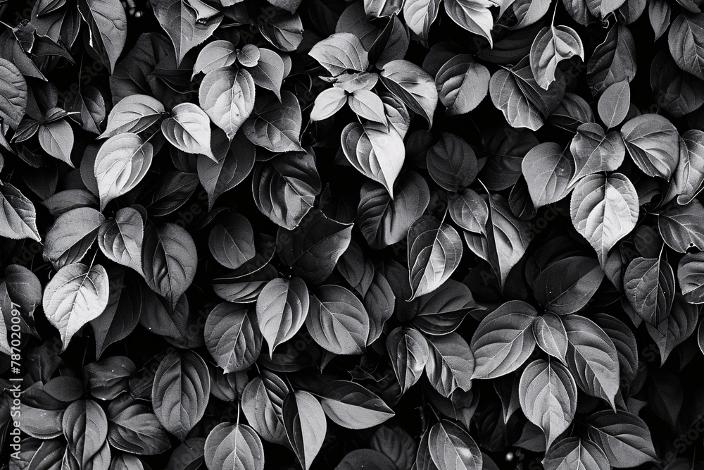 Poster close-up of overlapping leaves in monochrome with a play of light and shadows