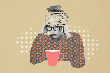 Composite photo collage of young upset girl hold head pieces stress problem workload cup pause coffee isolated on painted background