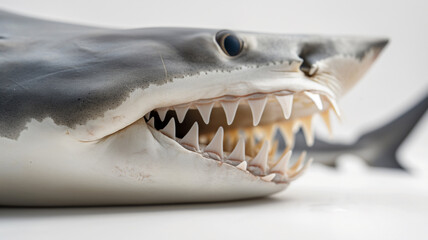 Close-up of a shark model showing sharp teeth and details, with a white background.