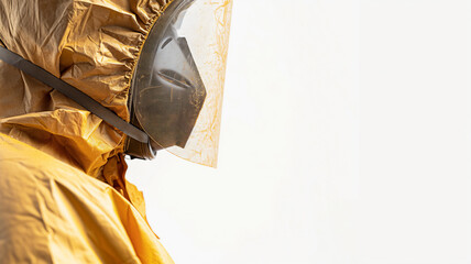 Side view of a person in a gold protective suit with a full-face visor against a white background.