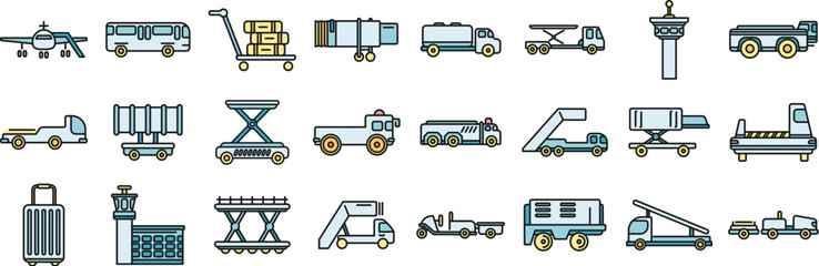 Airport ground support service icons set outline vector. Cargo aero. Tail airplane thin line color flat on white - 787020406