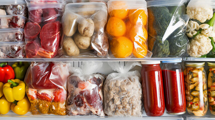 A variety of foods organized in a refrigerator: meats, vegetables, fruits, and preserved items.