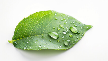 Green leaf with fresh water droplets on it, set against a white background.